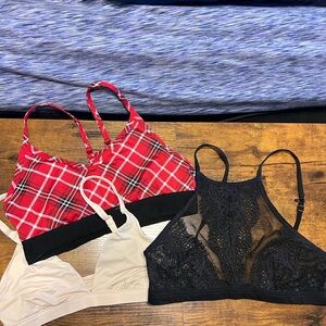 Victoria's Secret Red Plaid, Black Lace, and Cream Bralette Trio